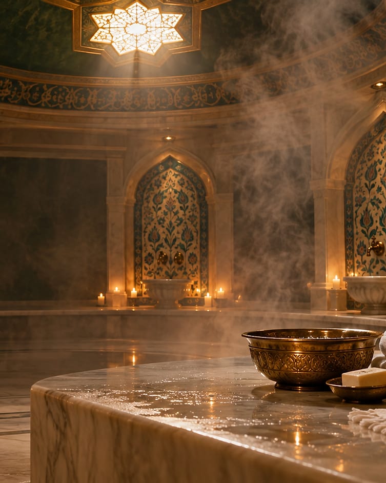The marble hall of a private hammam in Istanbul with steam, brass bowls and candles under a star skylight