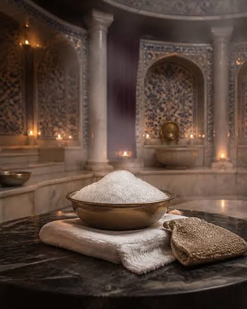 Marble hammam table with a bowl of salt, a folded towel and a kese mitt