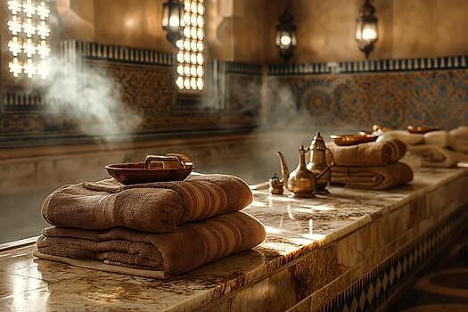 Folded towels, brass bowls and a copper tea set on a heated marble bench